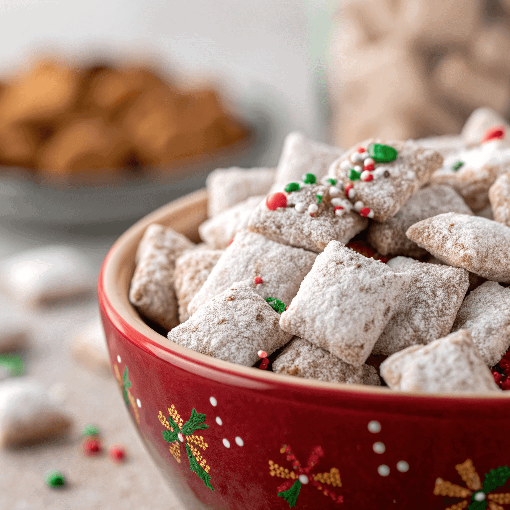 Festive Christmas Puppy Chow: The Ultimate Holiday Treat 4 Macro close-up of Christmas Puppy Chow showing powdered sugar and sprinkles.