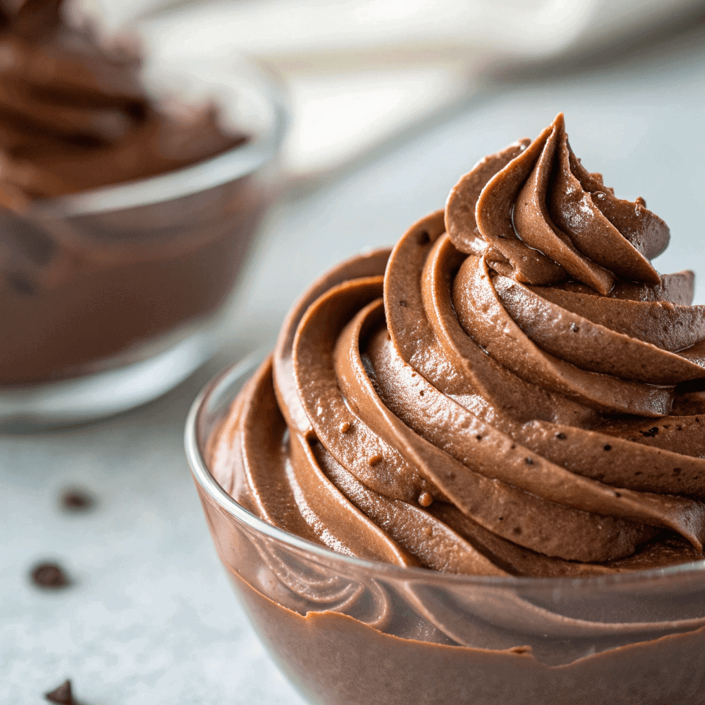 Macro shot showing the smooth, airy texture of vegan chocolate mousse with rich chocolate detail.