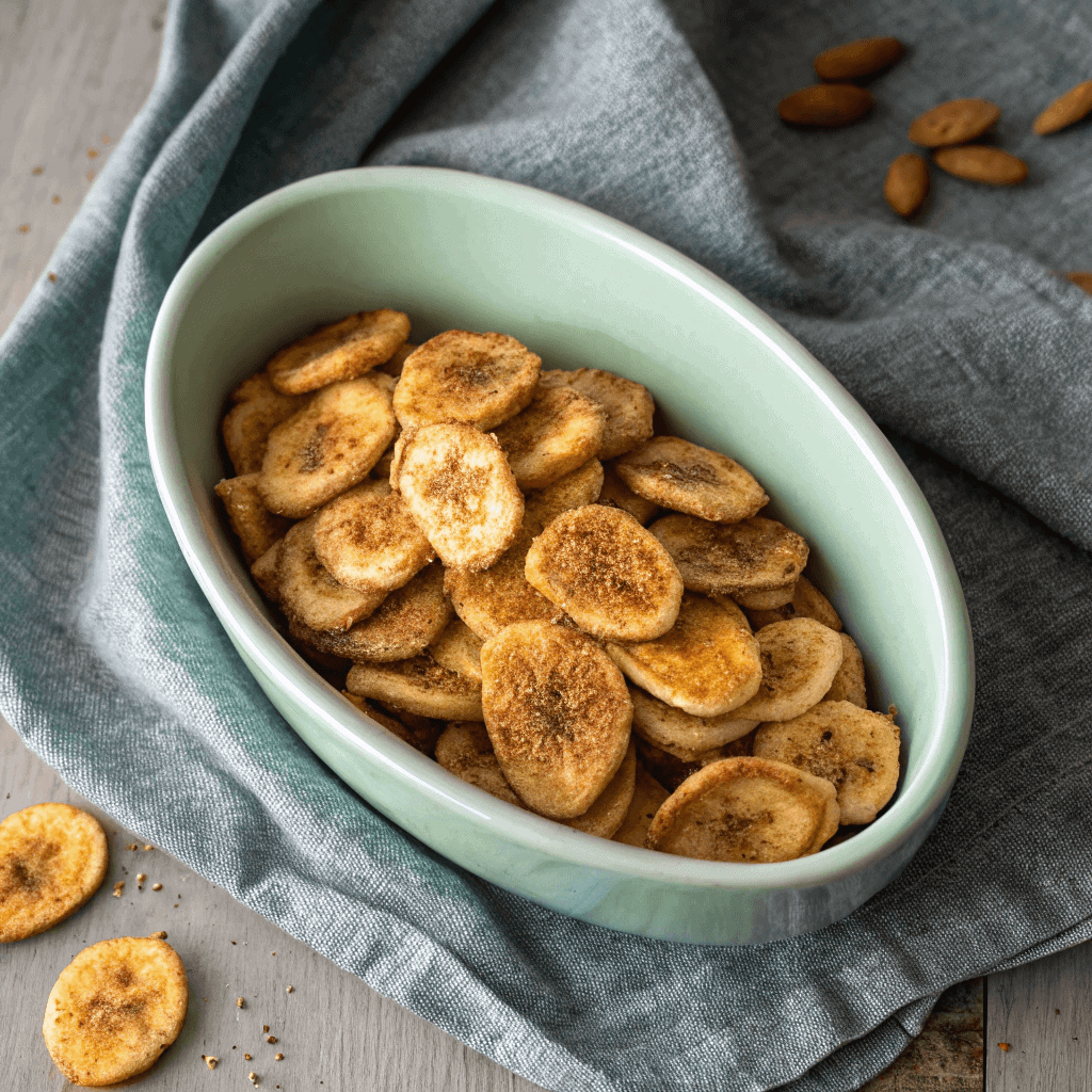 Bowl of crispy golden air fryer cinnamon banana chips in a green dish.