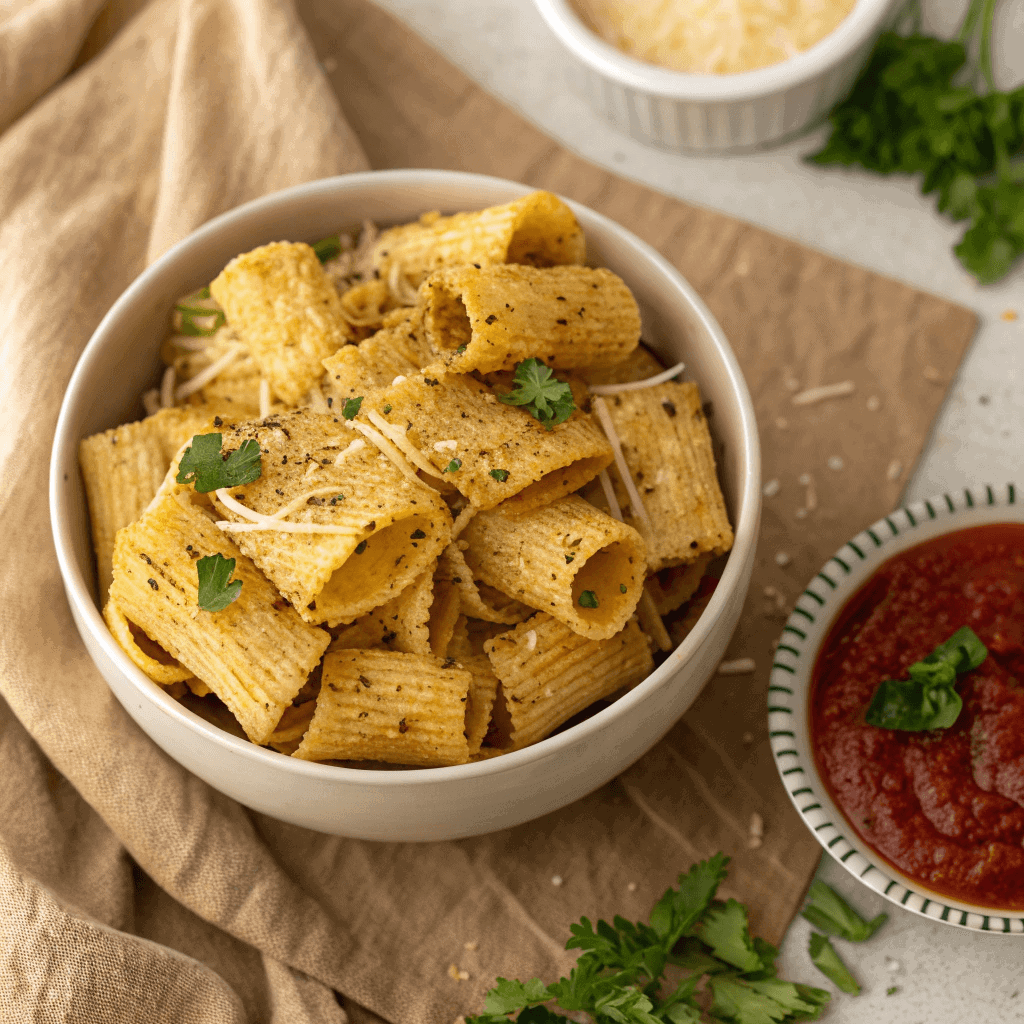 Crispy Air Fryer Pasta Chips: The Ultimate Snack 3 Close-up bowl of crispy air fryer pasta chips with marinara sauce.