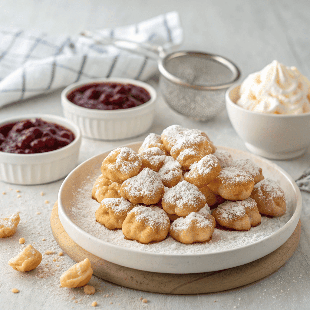 Full serving of air fryer funnel cake bites with powdered sugar and dipping sauces.