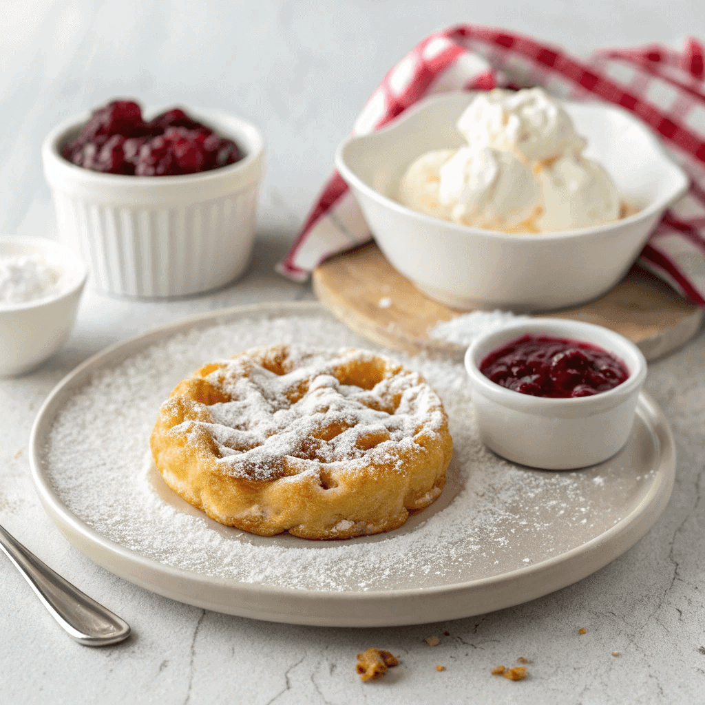 Air fryer funnel cake bites neatly arranged on a clean white plate.