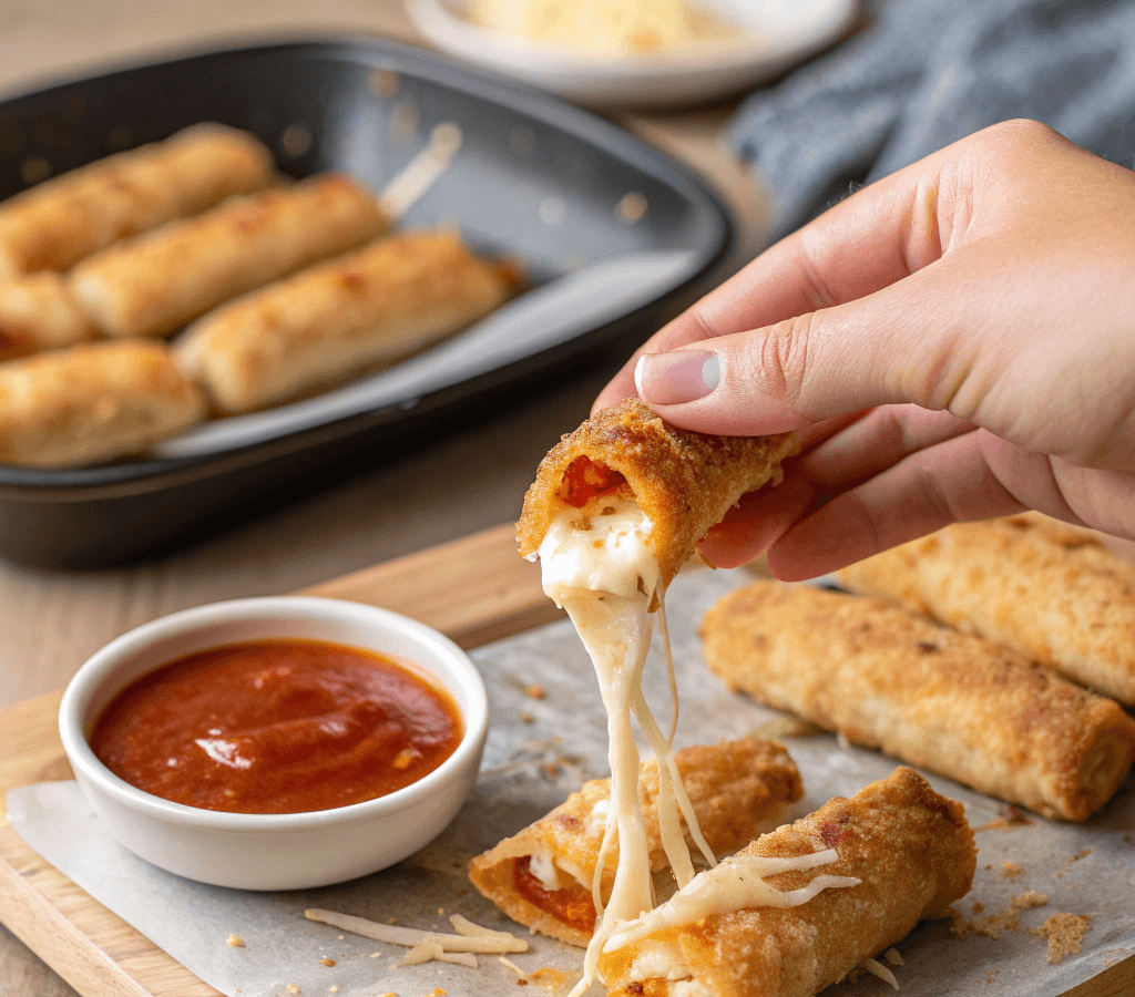 Hands pulling apart a cheesy taco stick with melted cheese stretching.