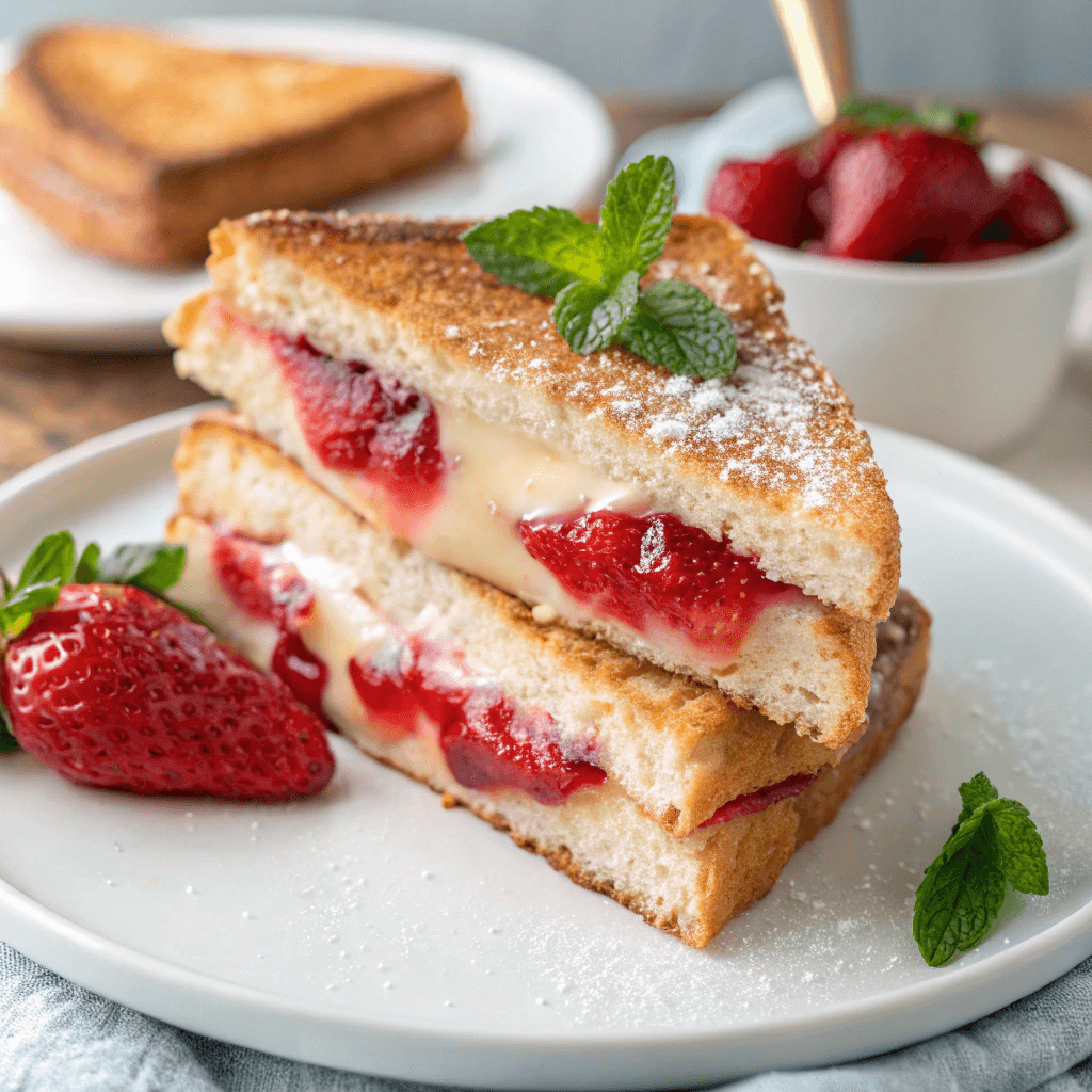Fried Strawberry Cheesecake Sandwiches 2 Close-up of fried strawberry cheesecake sandwiches with powdered sugar and strawberry filling.