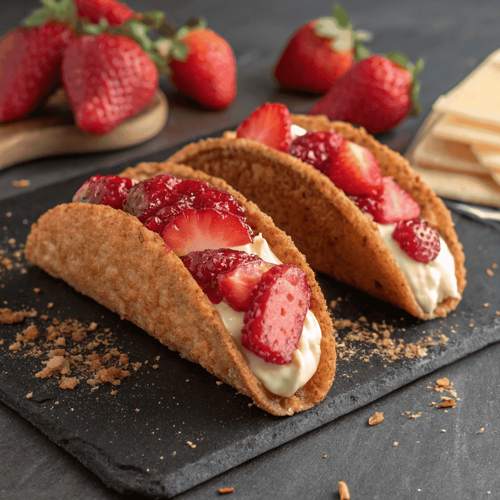 Close-up of strawberry cheesecake tacos with cinnamon sugar shells and strawberry topping.