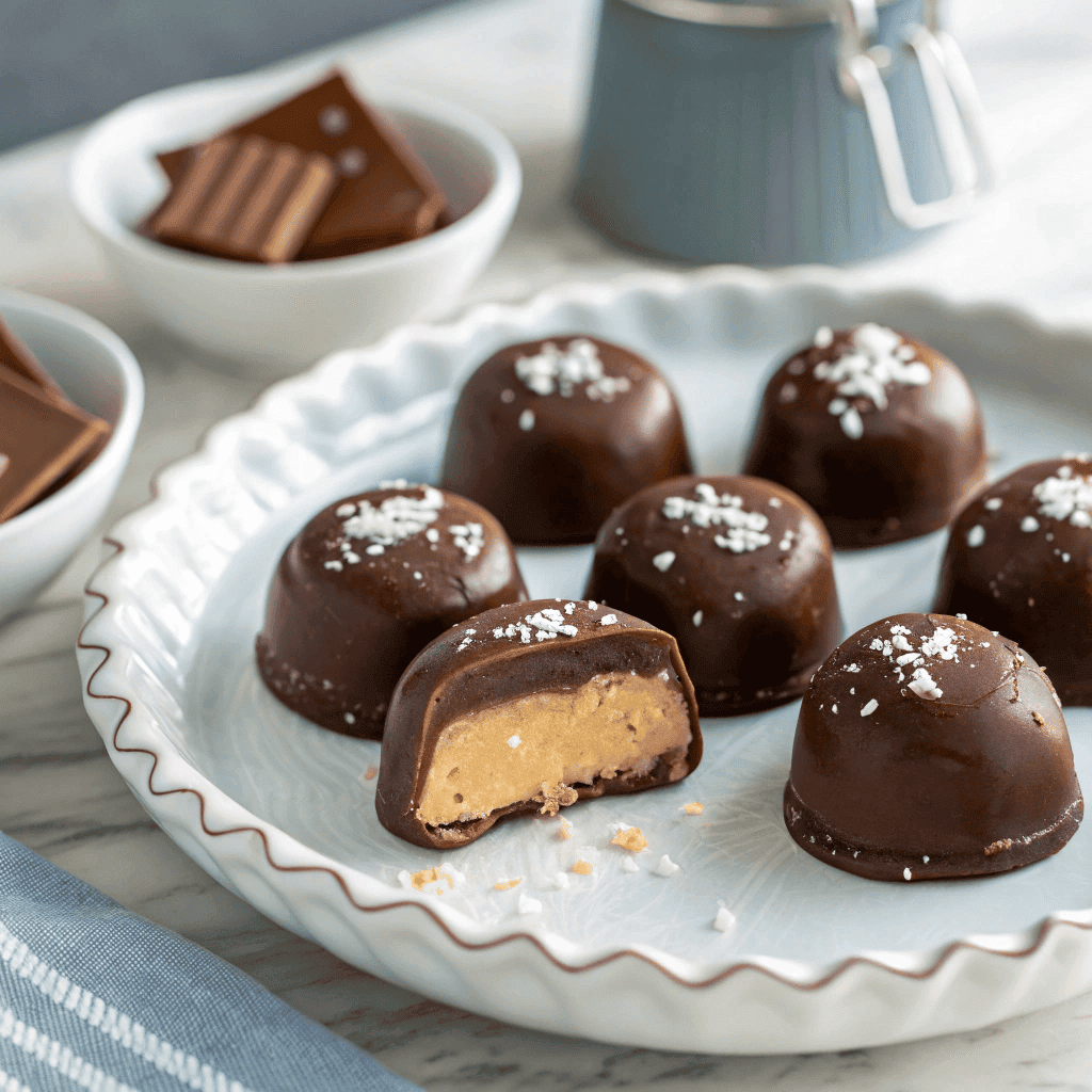 Delicious Peanut Butter Yogurt Bites: Easy, Healthy, & Satisfying 2 Chocolate-covered peanut butter yogurt bites sprinkled with flaky sea salt on a white scalloped plate.