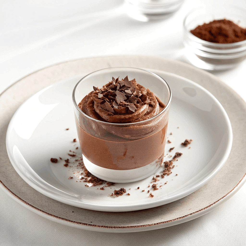 Centered vegan chocolate mousse in a glass cup on a white plate with chocolate shavings, styled with clean minimal presentation.