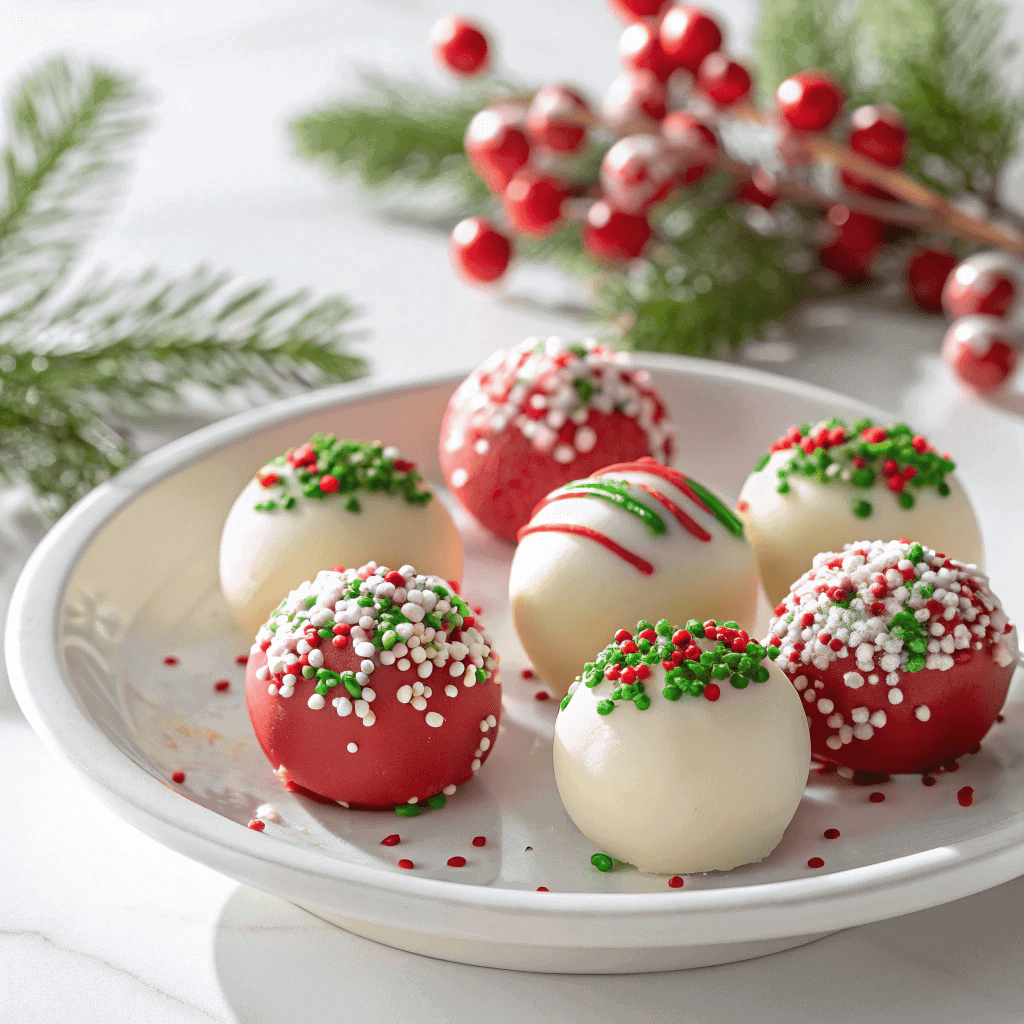 Festive & Moist Christmas Cake Balls: Your Ultimate Holiday Treat! 2 Close-up of white and red Christmas cake balls with holiday sprinkles on a white plate in soft winter lighting.