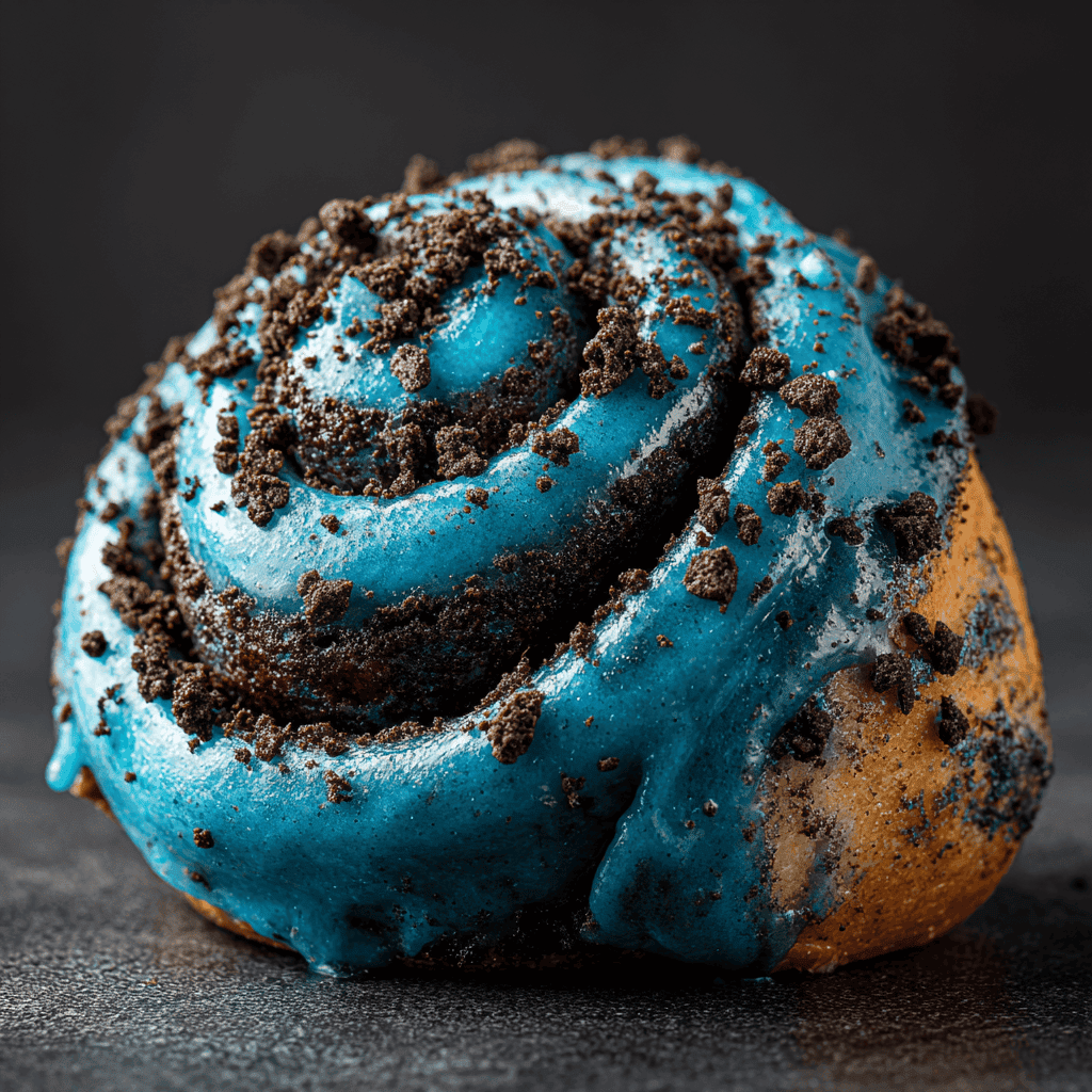 Extreme close-up of Cookie Monster Cinnamon Roll showing blue dough, cookie crumble, and icing texture.
