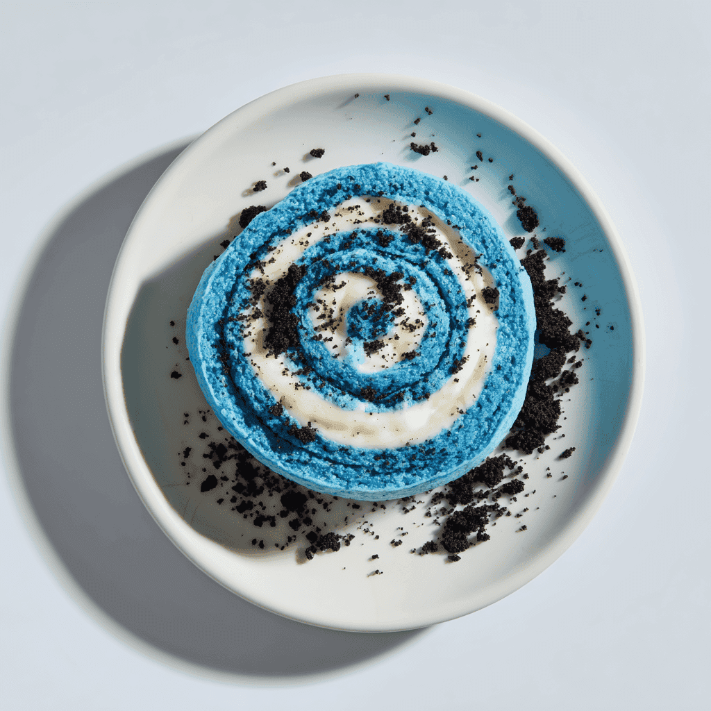 Cookie Monster Cinnamon Roll on a white plate with bright blue dough and cookie crumble filling.