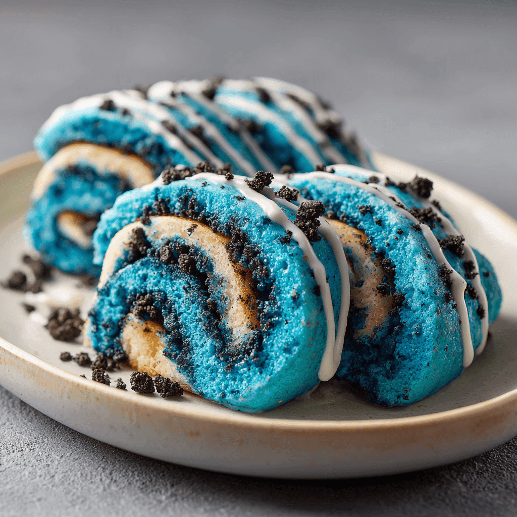 Plated Cookie Monster Cinnamon Roll showing bright blue dough, cookie crumble filling, and icing.