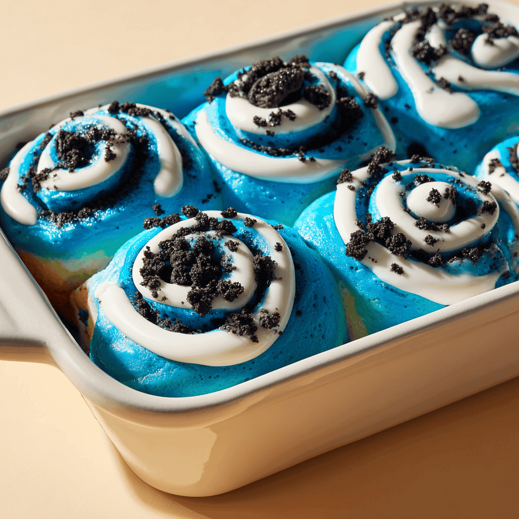 Close-up overhead shot of Cookie Monster Cinnamon Rolls with electric-blue dough, cookie crumble, and icing.