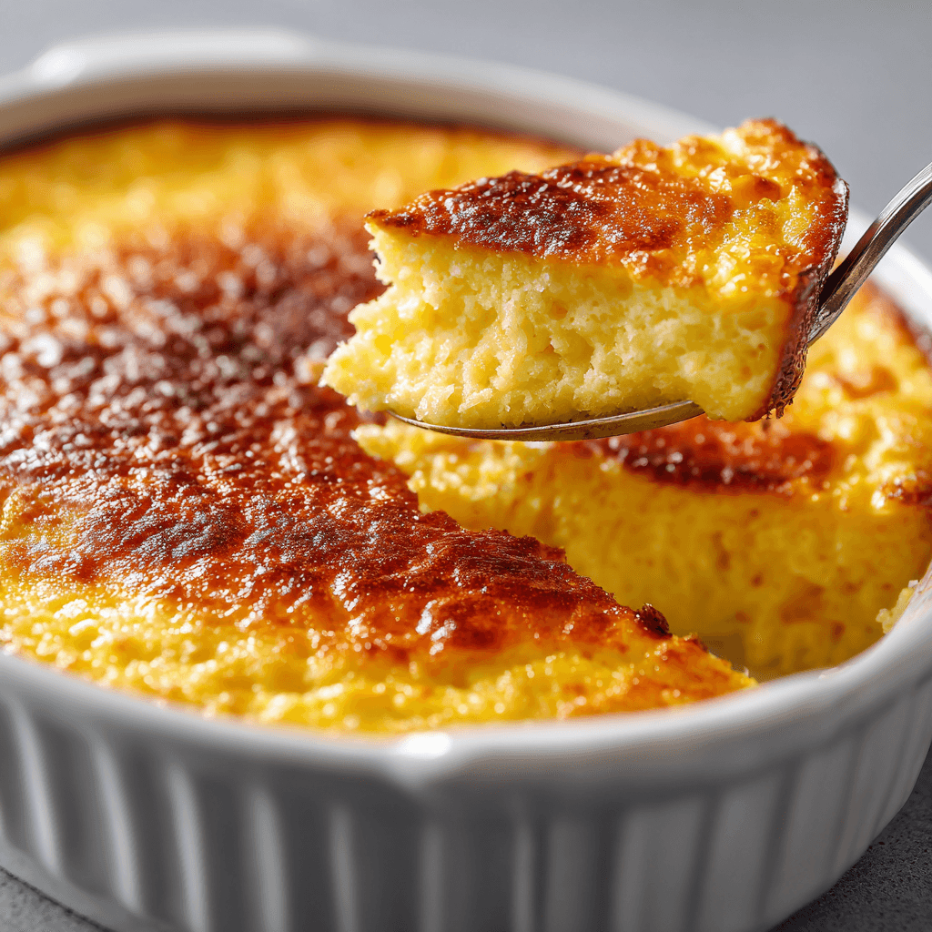 Easy Creamy Corn Pudding Recipe: A Southern Favorite 4 Close-up creamy corn pudding with a golden baked top and a spoon lifting a portion.