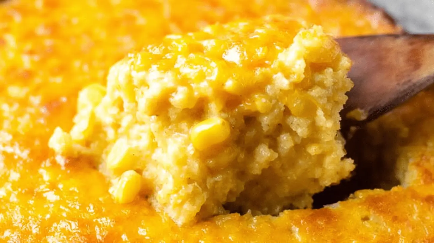 Close-up of a warm, golden corn casserole being served, highlighting a delicious homemade corn casserole recipe.