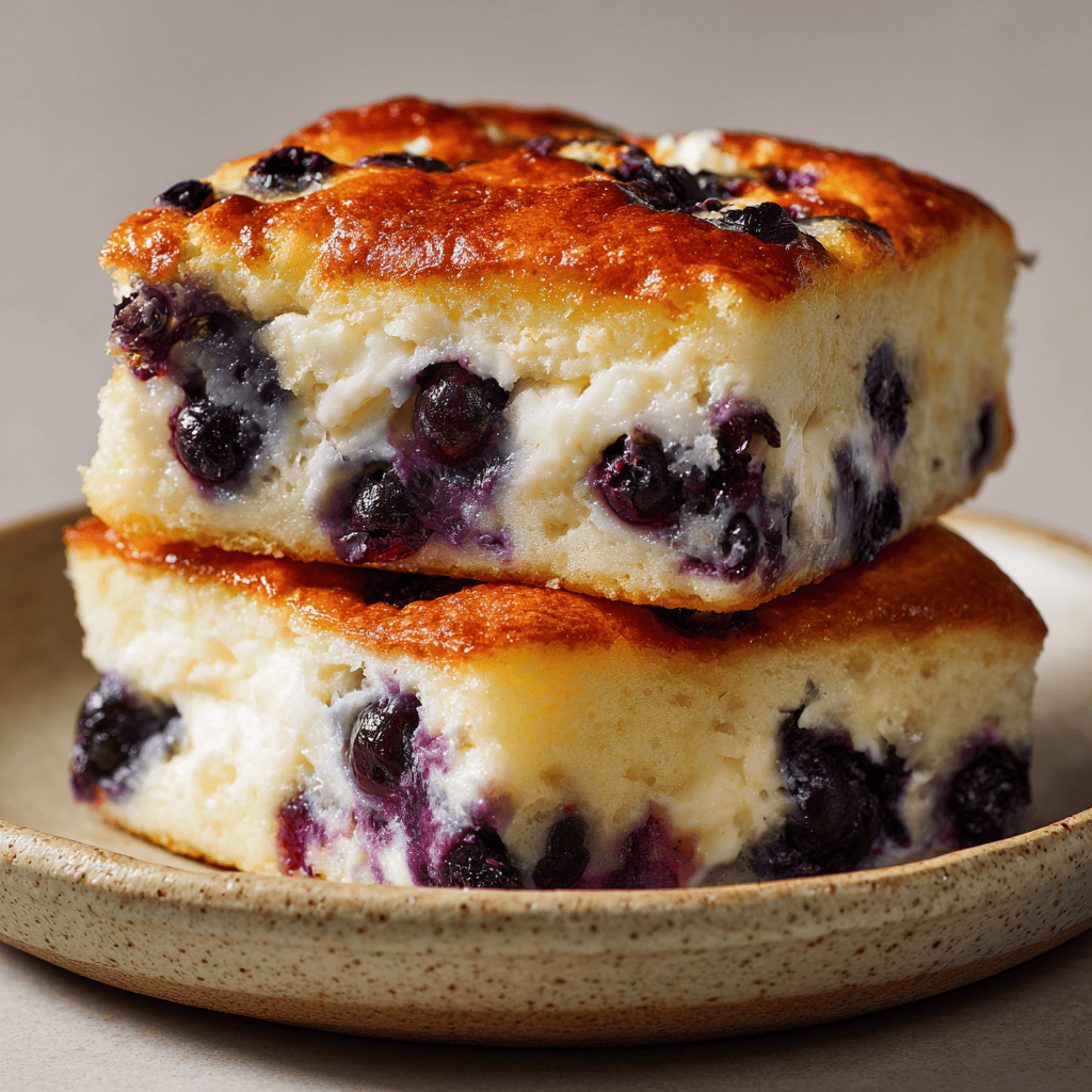 Cottage Cheese Blueberry Cloud Bread: Fluffy, Low-Carb & High-Protein Delight 4 Stacked pieces of fluffy Cottage Cheese Blueberry Cloud Bread with golden tops and baked blueberries.