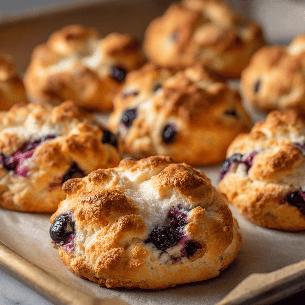 Cottage Cheese Blueberry Cloud Bread: Fluffy, Low-Carb & High-Protein Delight 3 A full tray of baked Cottage Cheese Blueberry Cloud Bread with golden tops and blueberries, clearly visible.