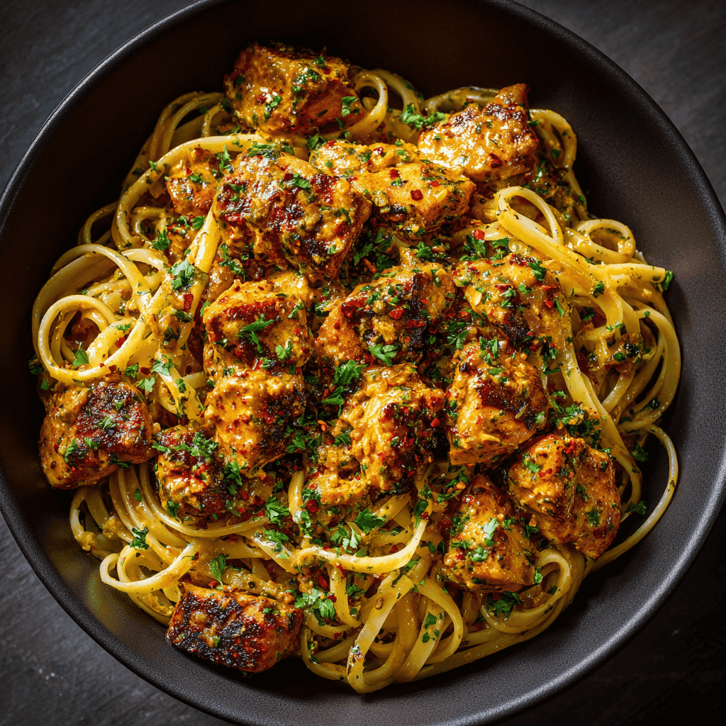 Close-up bowl of cowboy butter chicken linguine with creamy golden sauce, seared chicken, and parsley.