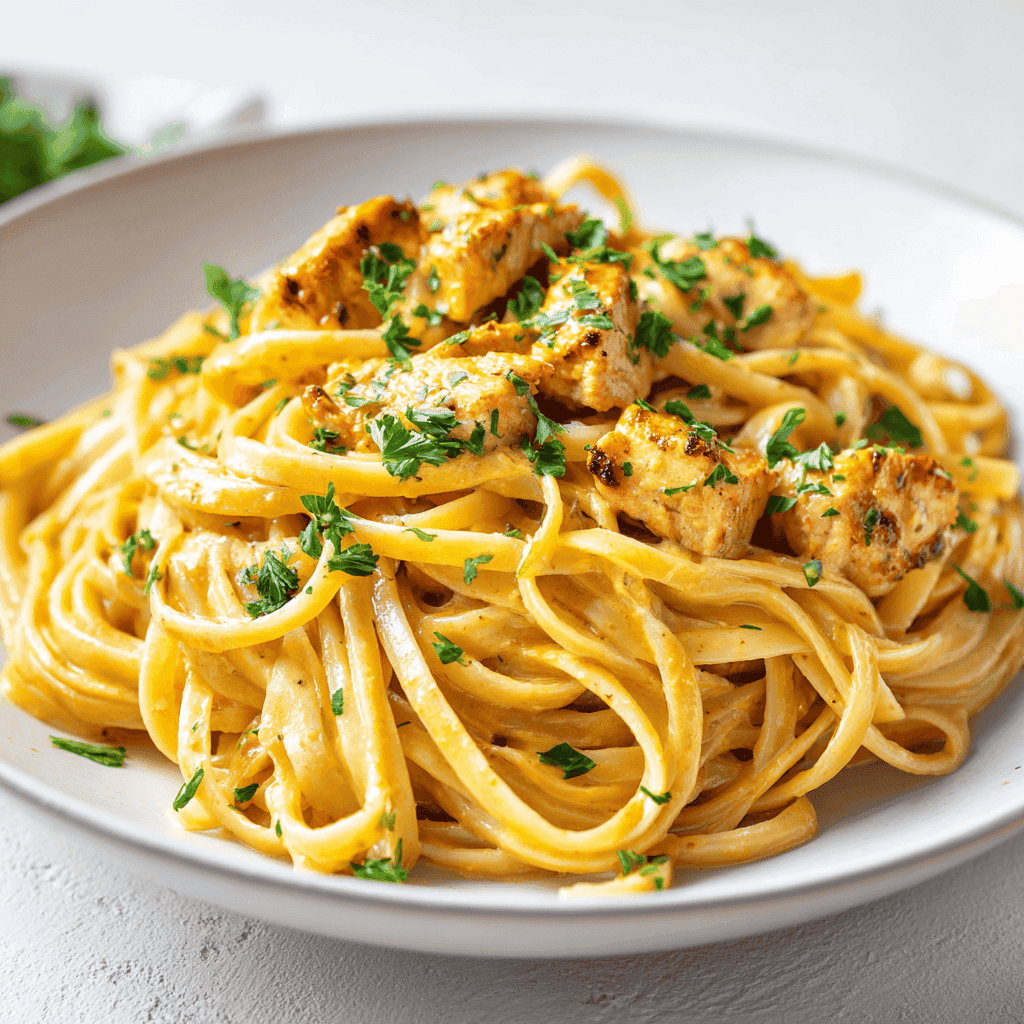 Plated cowboy butter chicken linguine on a white plate with creamy golden sauce and chicken pieces.