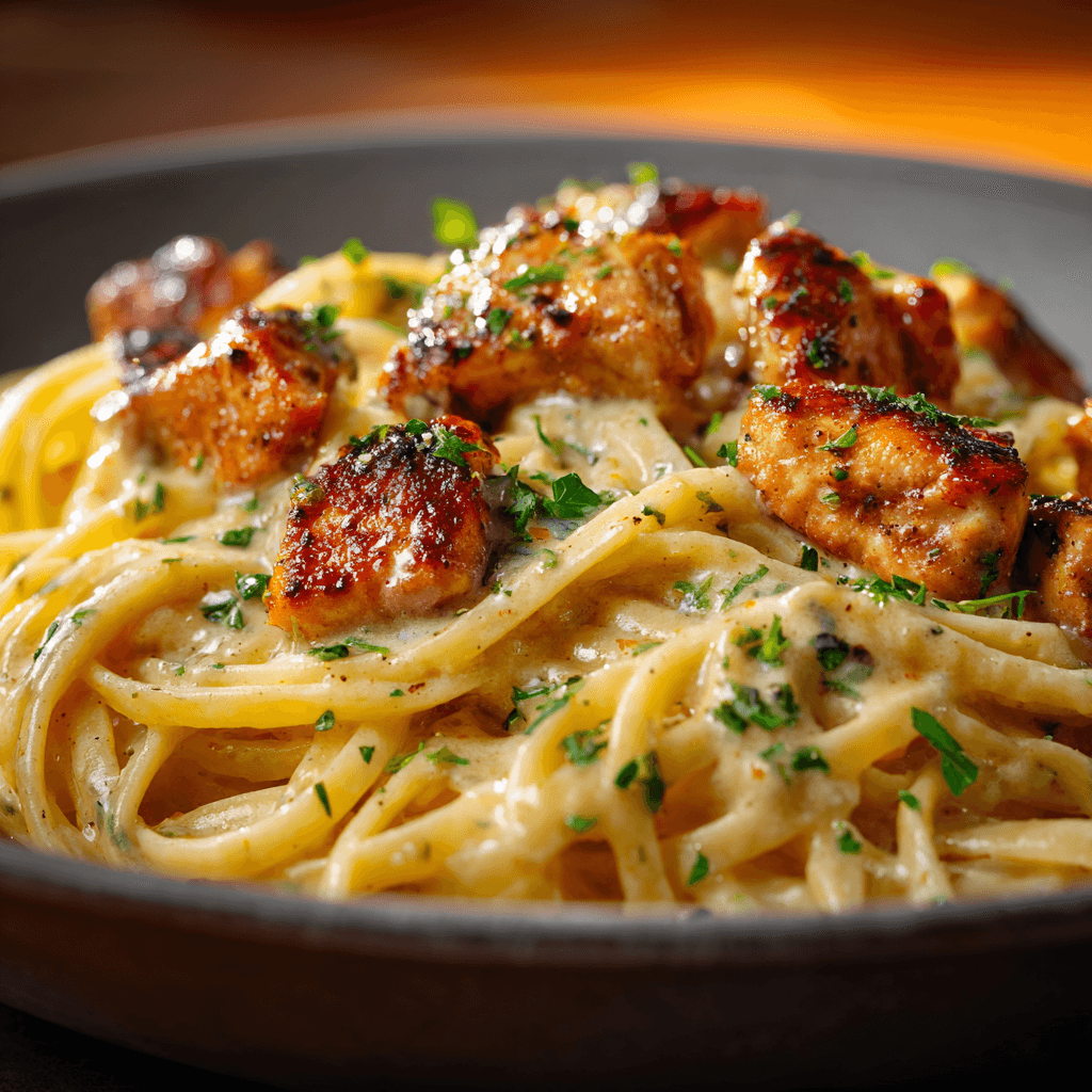 Close-up of cowboy butter chicken linguine showing creamy sauce, tender chicken, and parsley garnish.