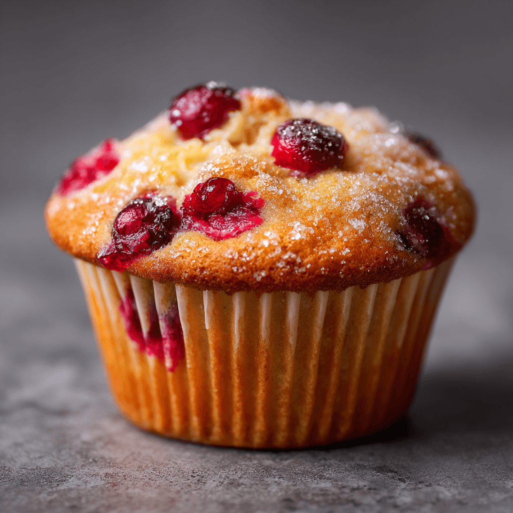 Close-up of a single cranberry orange muffin with a golden top and red cranberries against a soft neutral background.