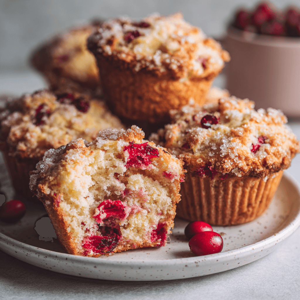 Cranberry orange muffins arranged on a white plate with bright natural lighting highlighting their golden texture.