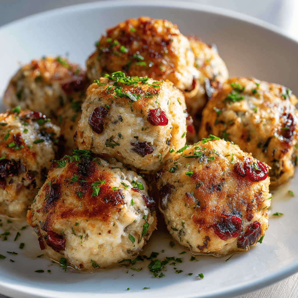Cranberry turkey stuffing balls served on a white plate with parsley garnish.