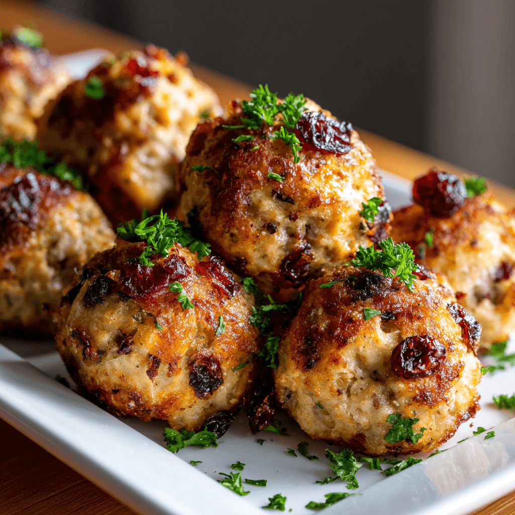 Cranberry turkey stuffing balls on a white platter with herbs and golden crispy edges.