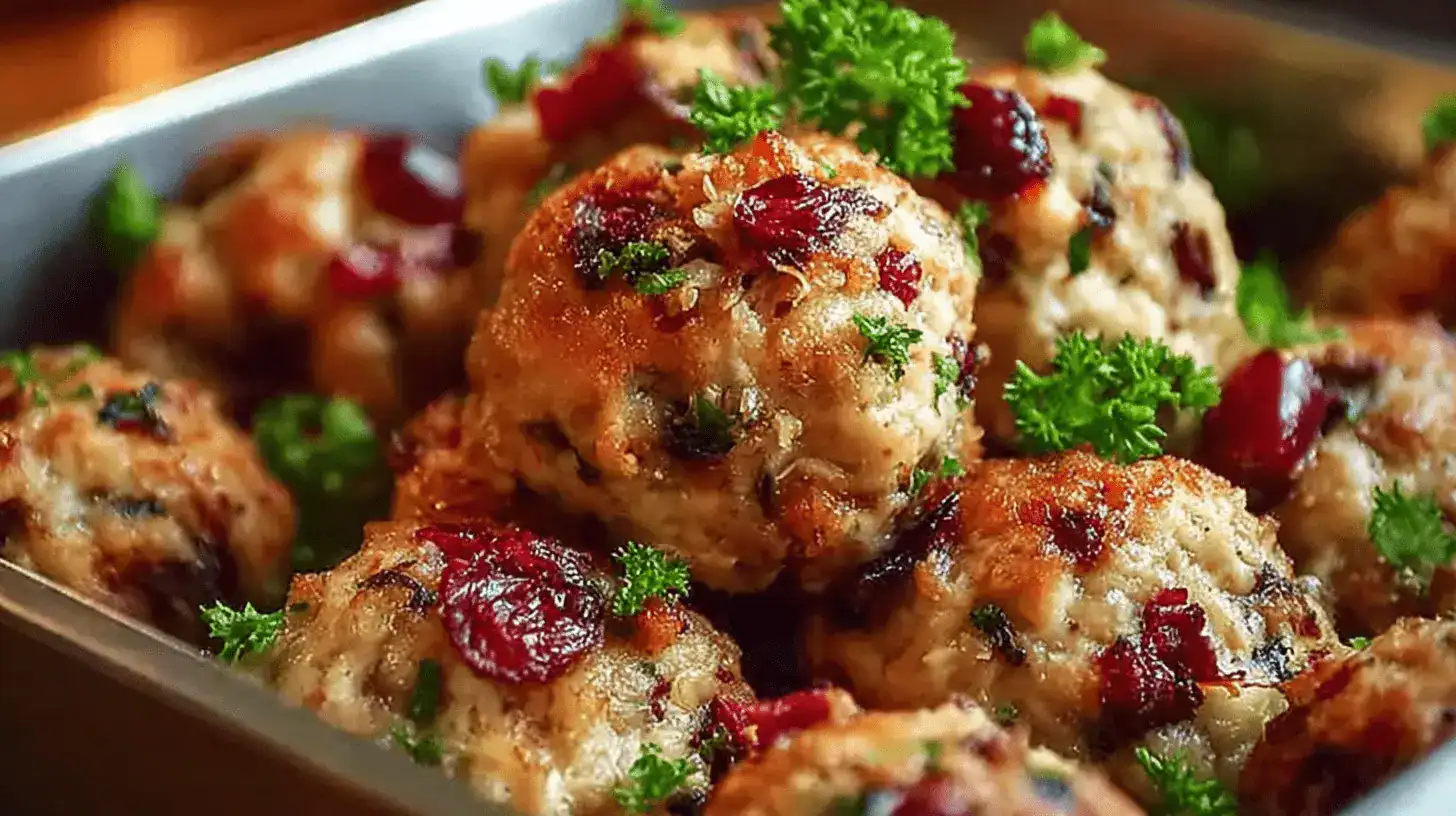 Close-up of golden-brown Cranberry Turkey Stuffing Balls with visible cranberries and fresh parsley.