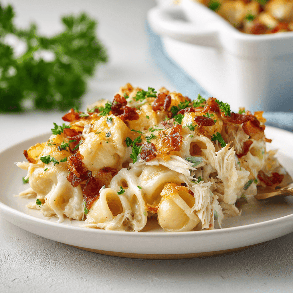 Crazy Good Casserole: Easy, Cheesy & Family-Favorite Dinner 1 Portion of Crazy Good Casserole served on a white plate showing creamy pasta, chicken, melted cheese, and bacon.