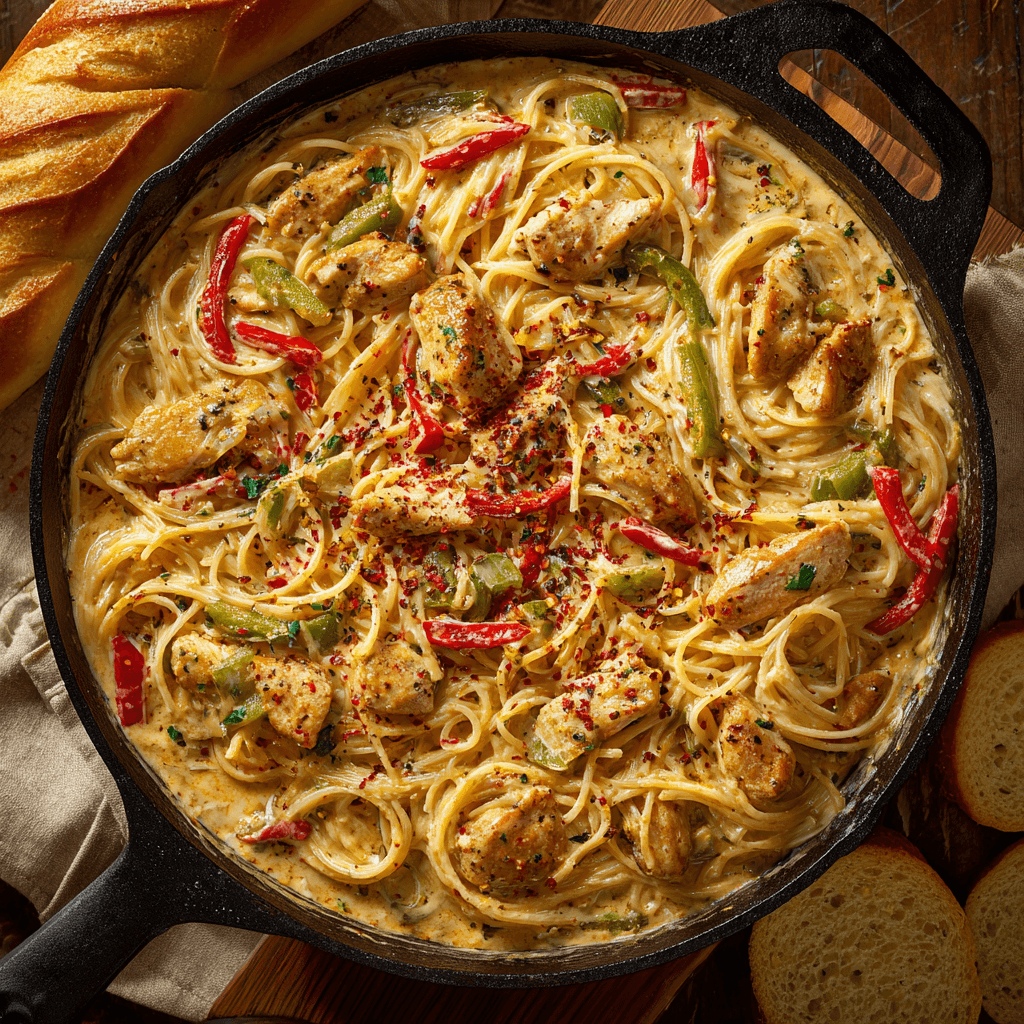 Creamy Cajun chicken spaghetti in a skillet topped with red pepper flakes and sliced bread on the side.