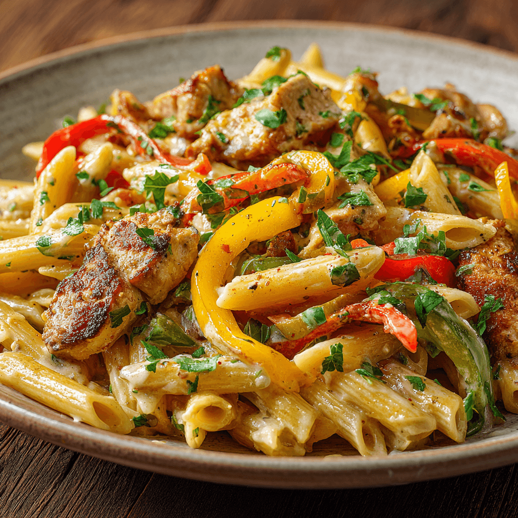 Creamy Chicken Fajita Pasta: A Quick & Delicious Weeknight Meal 4 Close-up creamy chicken fajita pasta with peppers, chicken pieces, and cilantro.