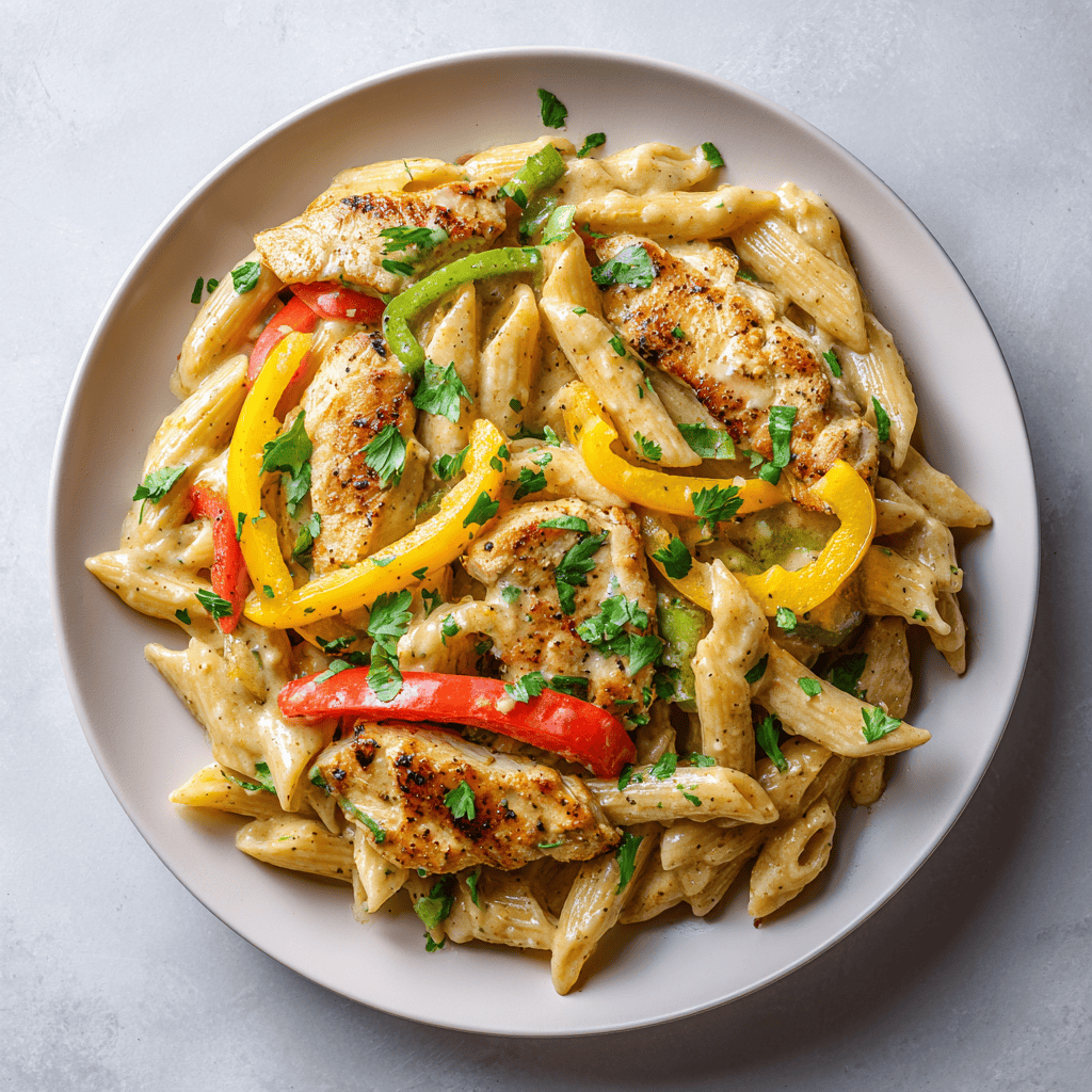 Creamy Chicken Fajita Pasta: A Quick & Delicious Weeknight Meal 2 Creamy chicken fajita pasta with peppers and chicken served neatly on a white plate.