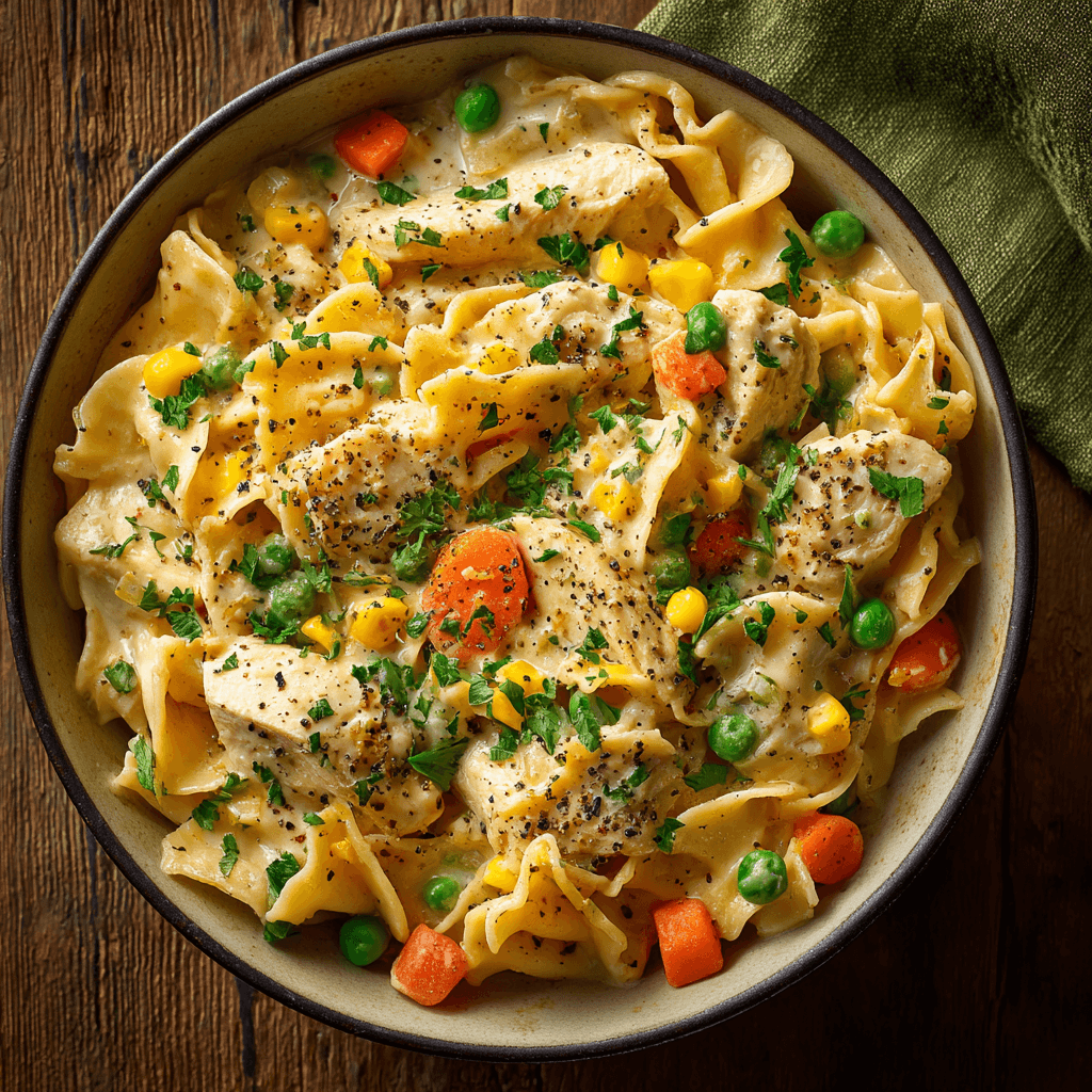 Close-up bowl of creamy chicken pot pie pasta with noodles, chicken, carrots, peas, and parsley.