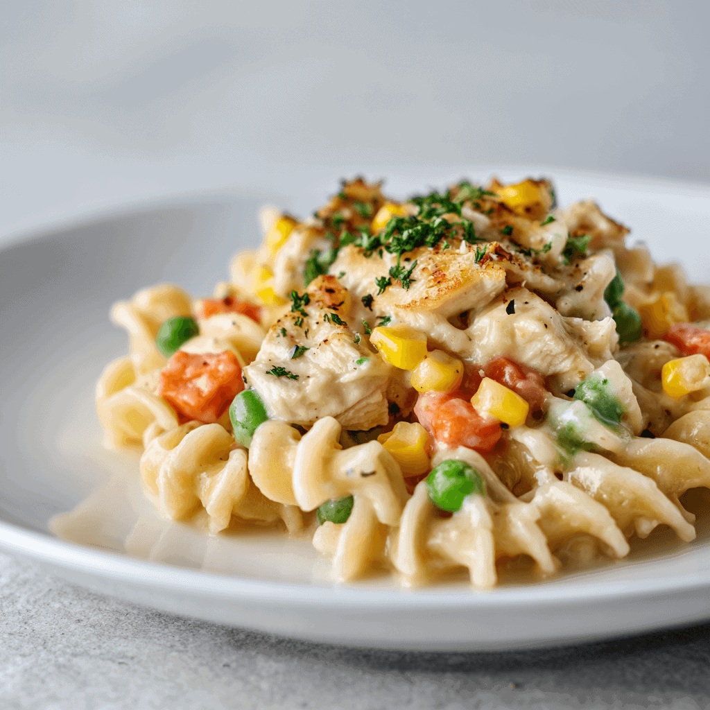 Plated serving of creamy chicken pot pie pasta on a white plate showing noodles, chicken, and vegetables.
