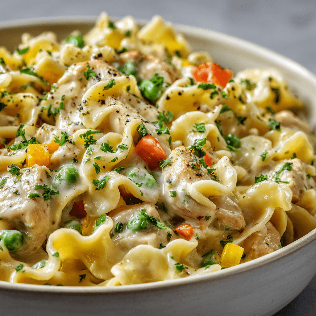 Close-up of creamy chicken pot pie pasta showing glossy sauce, tender chicken, and colorful vegetables.