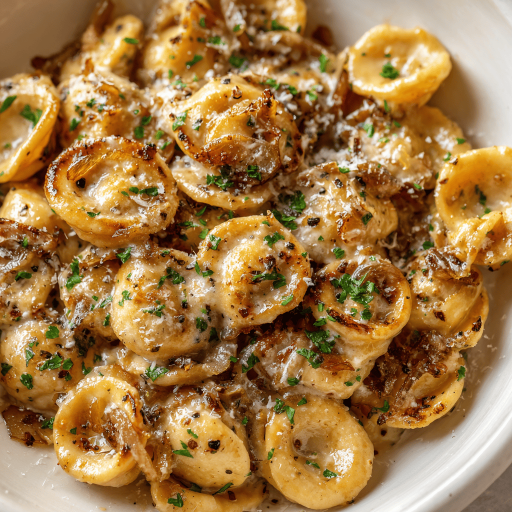 Close-up creamy French onion pasta with caramelized onions and herbs in a bowl.