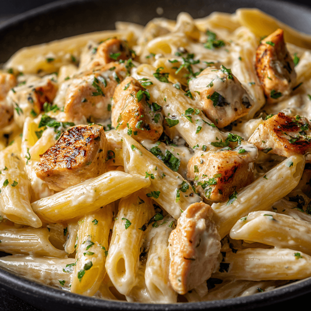 Close-up creamy garlic chicken penne with diced chicken and parsley in a skillet.