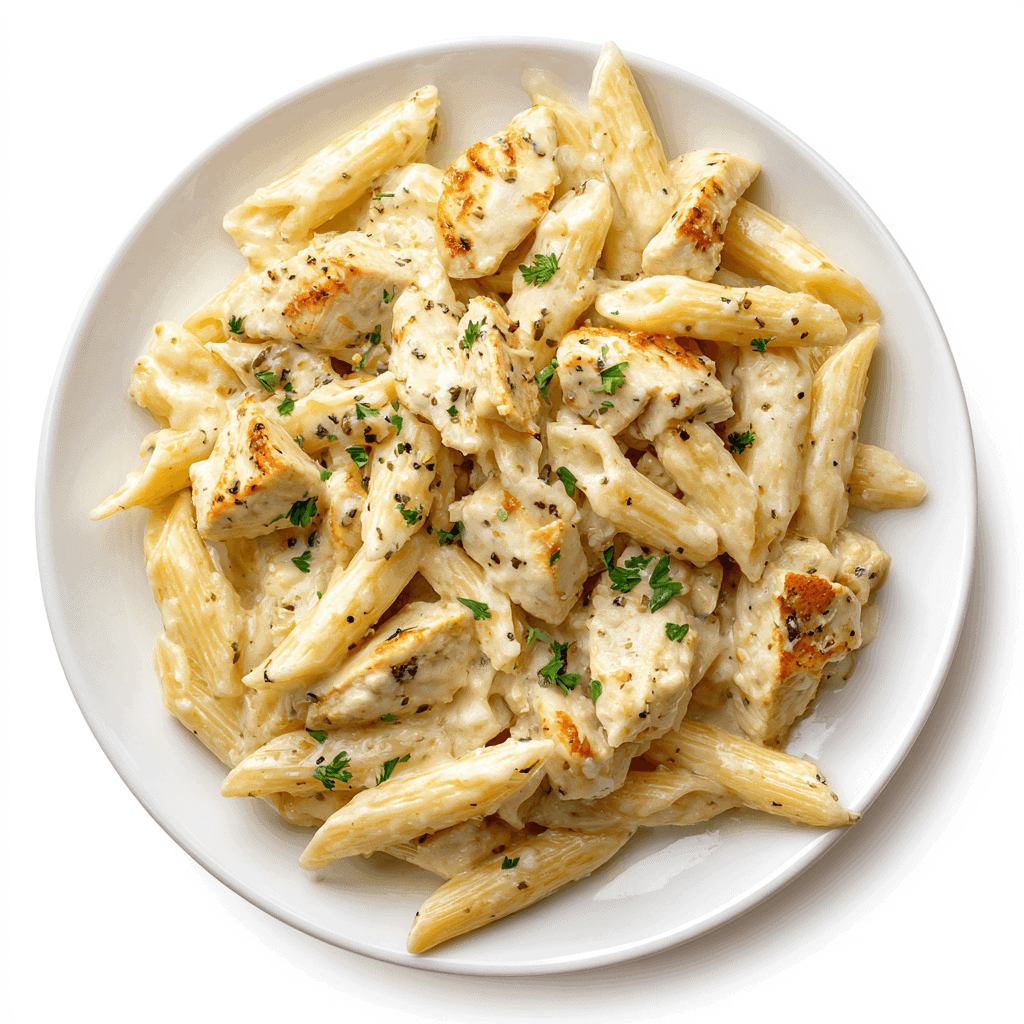 Creamy garlic chicken penne served neatly on a white plate with parsley.