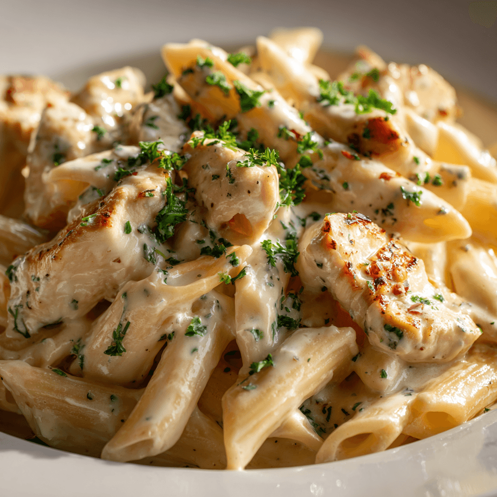 Perfectly cooked creamy garlic chicken penne with silky white sauce and parsley.