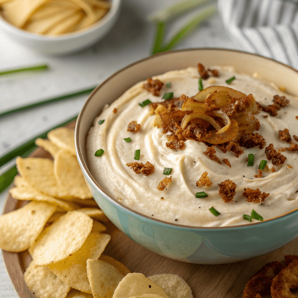 The Easiest Homemade Chip Dip Recipe 1 Close-up of thick homemade chip dip with onions and chives.