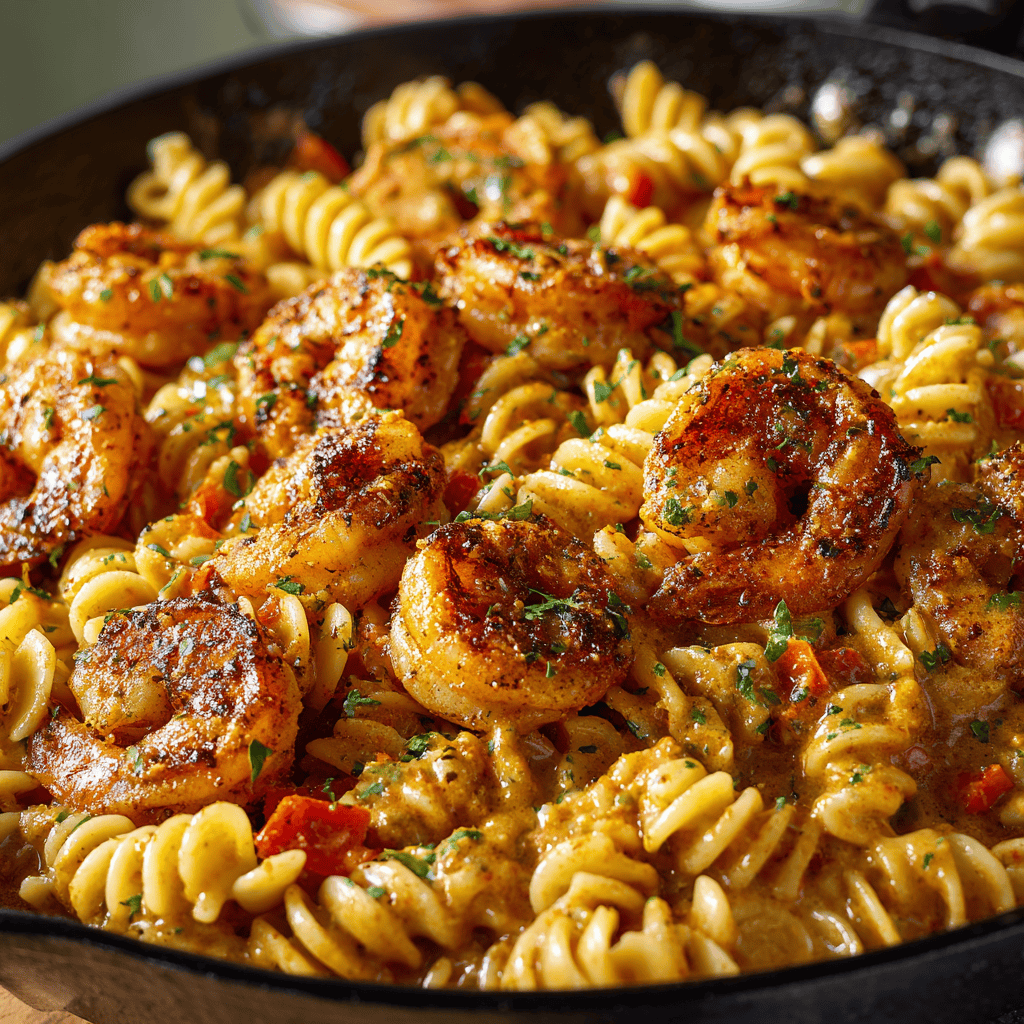 Creamy Jerk Shrimp Pasta: A Flavorful 20-Minute Weeknight Meal 4 Skillet of creamy jerk shrimp pasta with rotini and seared shrimp in sharp detail.