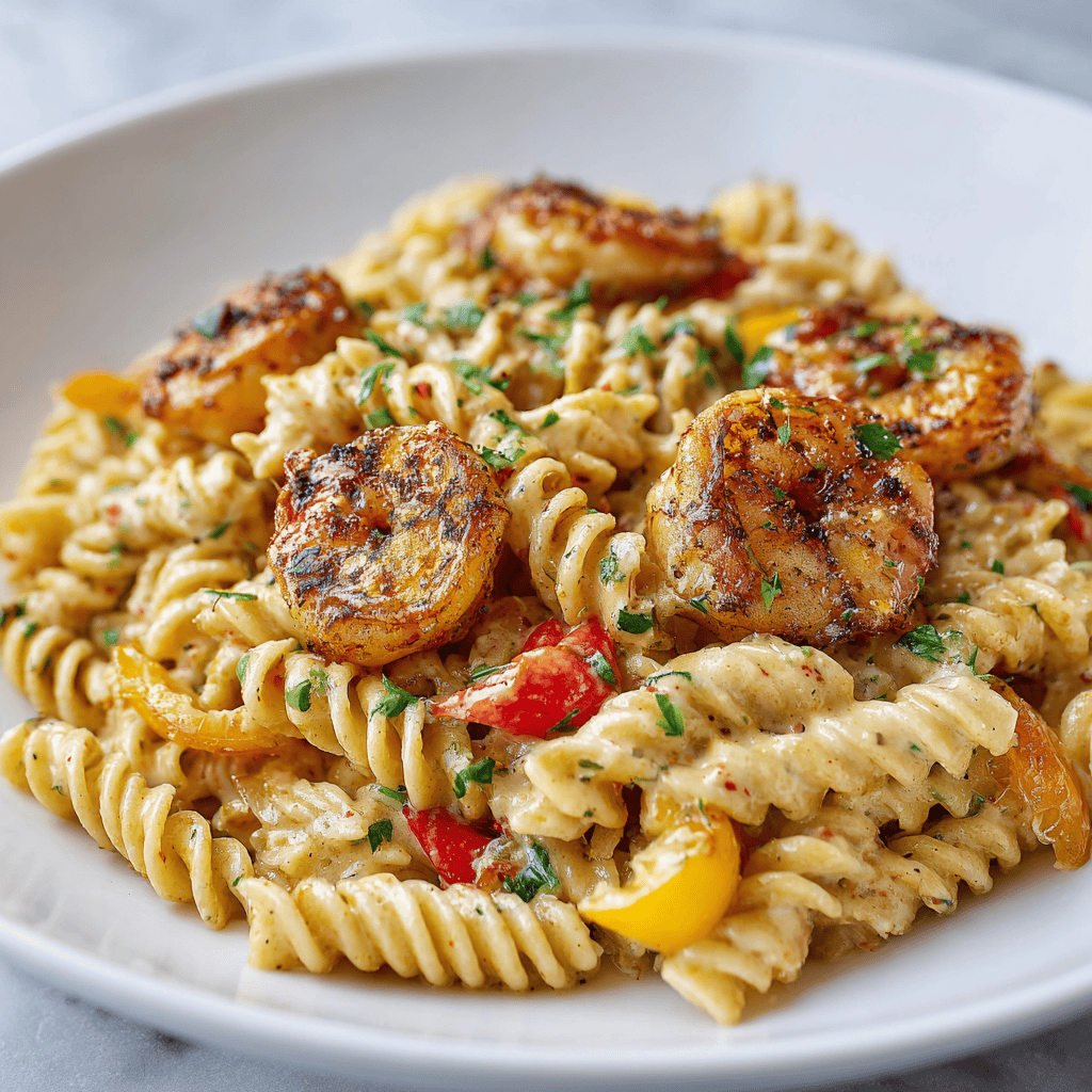 Creamy Jerk Shrimp Pasta: A Flavorful 20-Minute Weeknight Meal 2 Creamy jerk shrimp pasta served on a white plate with rotini, shrimp, and herbs clearly visible.