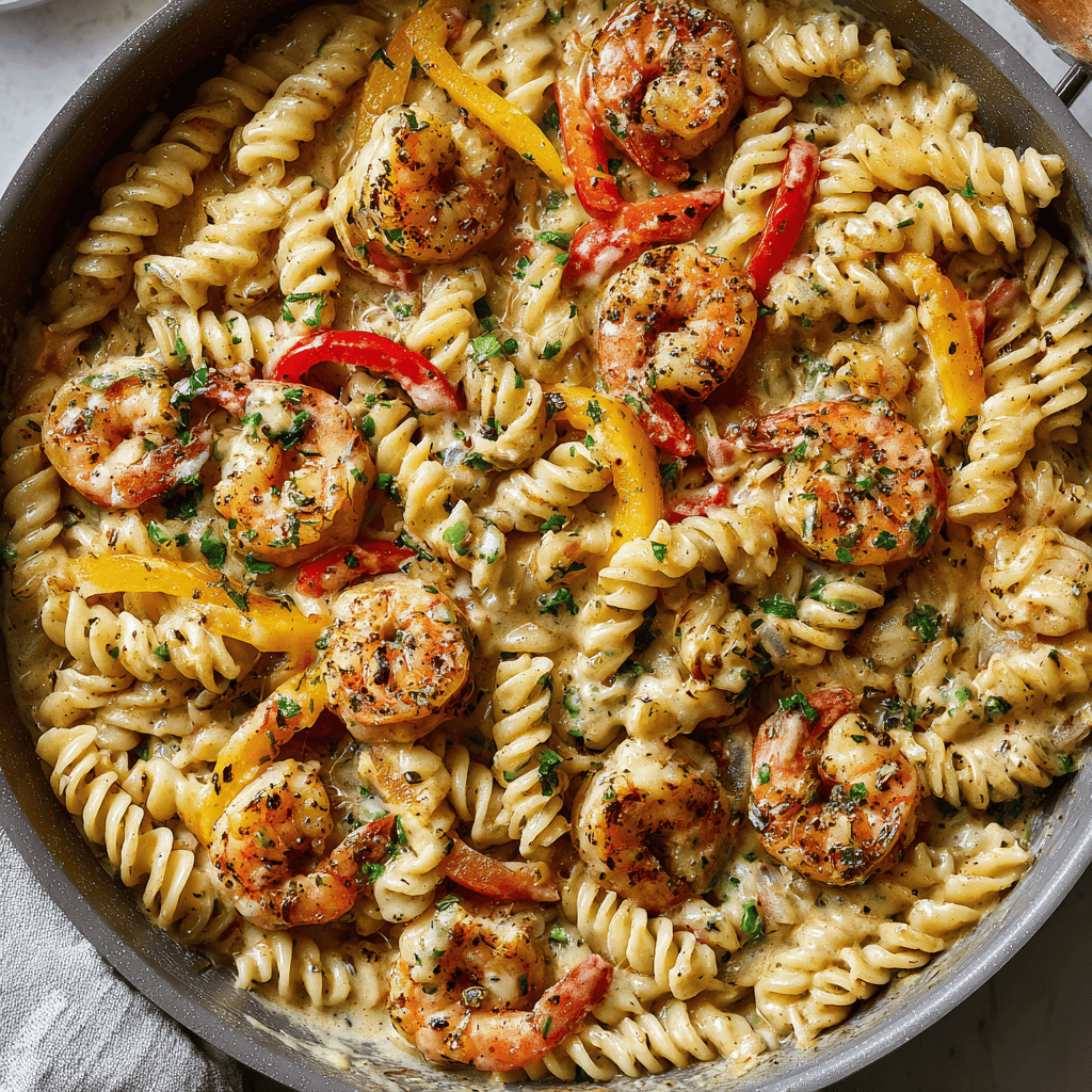 Creamy Jerk Shrimp Pasta: A Flavorful 20-Minute Weeknight Meal 3 Full skillet of creamy jerk shrimp pasta with shrimp, herbs, and rotini shown clearly.