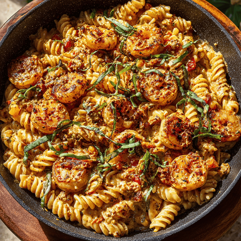 Creamy Jerk Shrimp Pasta: A Flavorful 20-Minute Weeknight Meal 1 Close view of creamy jerk shrimp pasta with rotini, herbs, and seasoned shrimp.