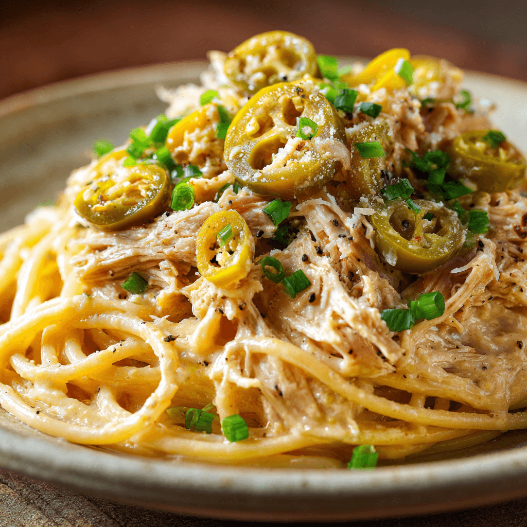 Creamy Mississippi Chicken Spaghetti with Pepperoncini and Green Onions