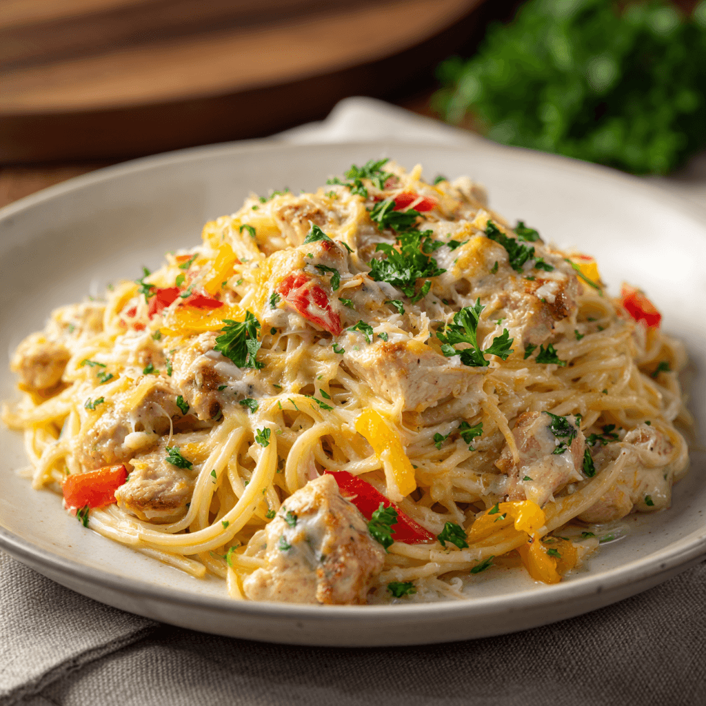Creamy Monterey chicken spaghetti with melted cheese and fresh parsley on top.