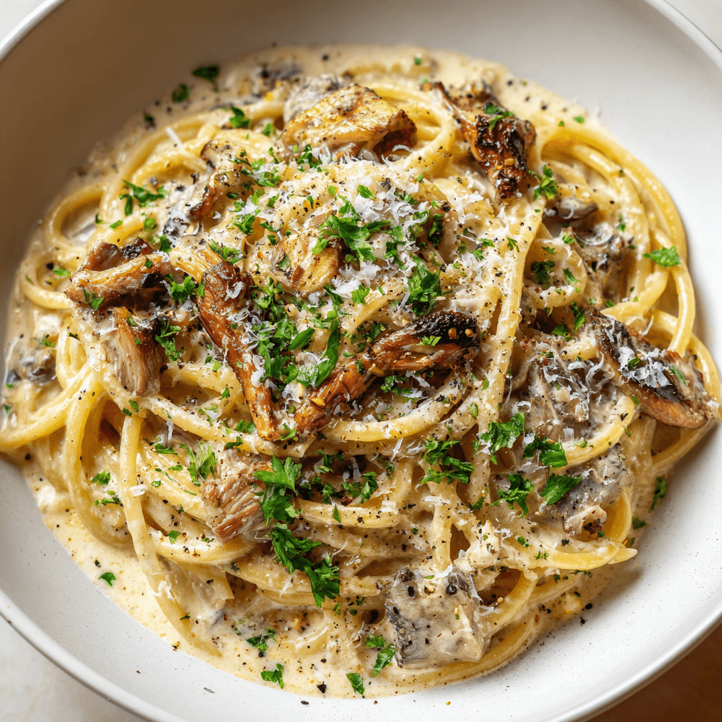 Creamy oyster mushroom pasta in a white bowl with parmesan and parsley garnish.
