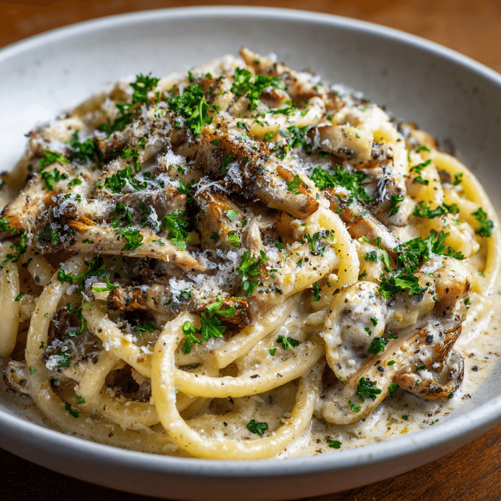 Creamy oyster mushroom pasta served on a white plate with mushrooms and herbs.