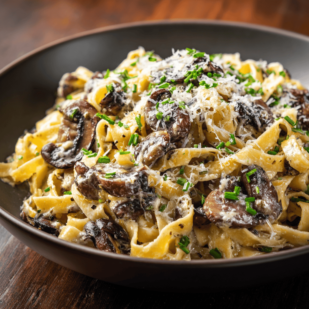 Close-up creamy truffle mushroom pasta with sautéed mushrooms, parmesan, and chives in a rustic bowl.