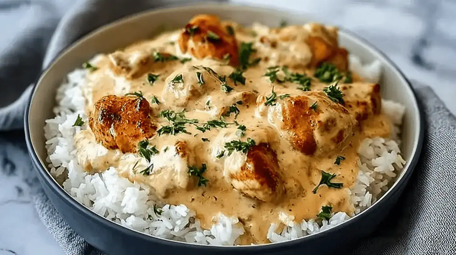 Close-up of a beautifully styled bowl of Creamy Smothered Chicken and Rice, garnished with fresh green herbs.